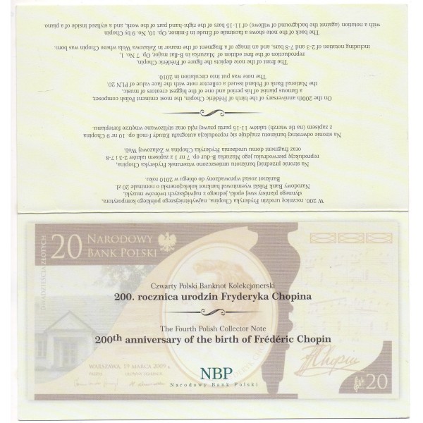 Pologne P.181, Neuf folder, Billet de 20 Zlotych 2009 Partitions