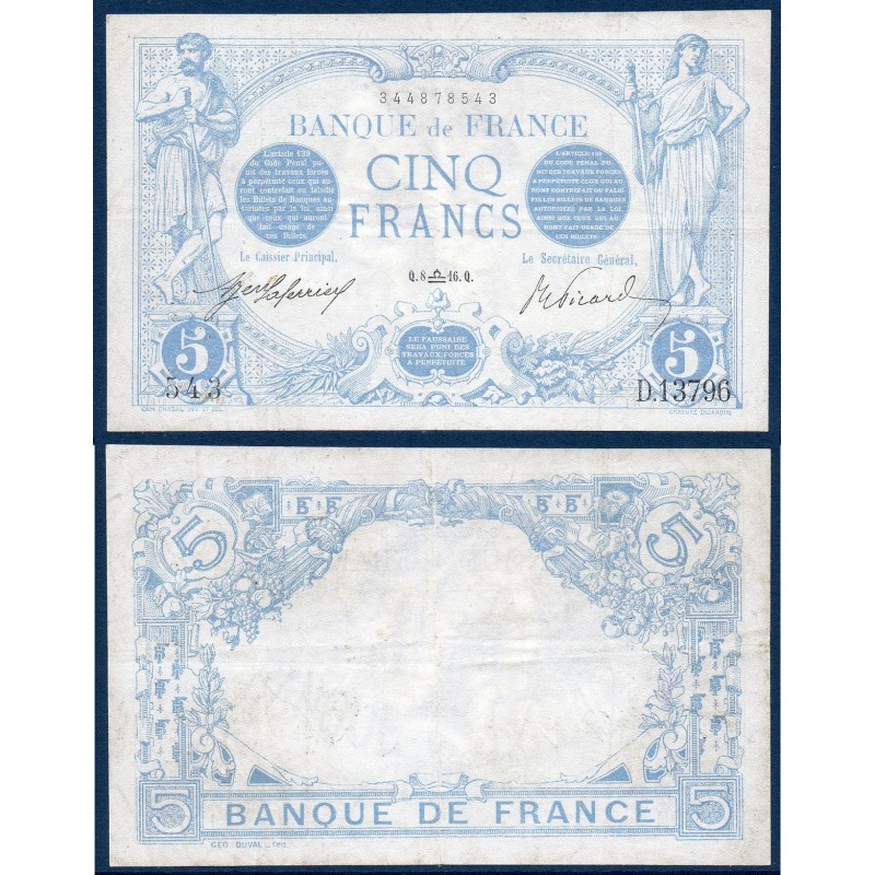 5 Francs Bleu TTB 8.9.1916 Billet de la banque de France