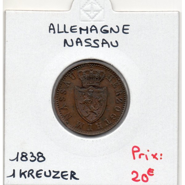 Duché de Nassau 1 kreuzer 1838, Sup, KM 51 pièce de monnaie