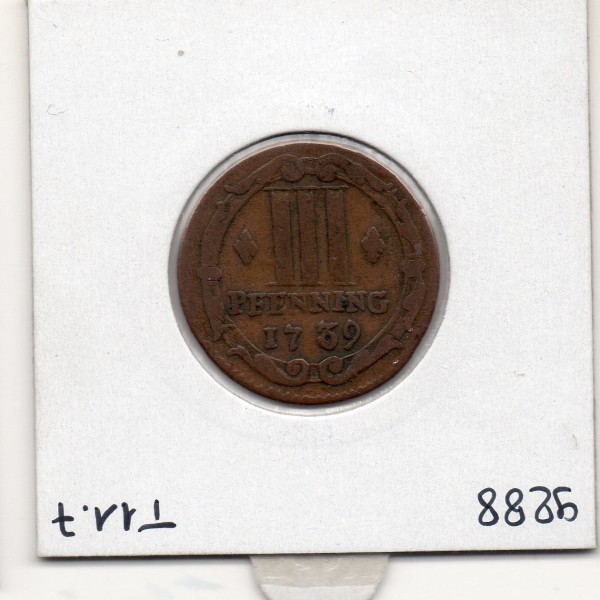 Cathédrale de Munster 3 pfenning 1739, TB, KM 430 pièce de monnaie