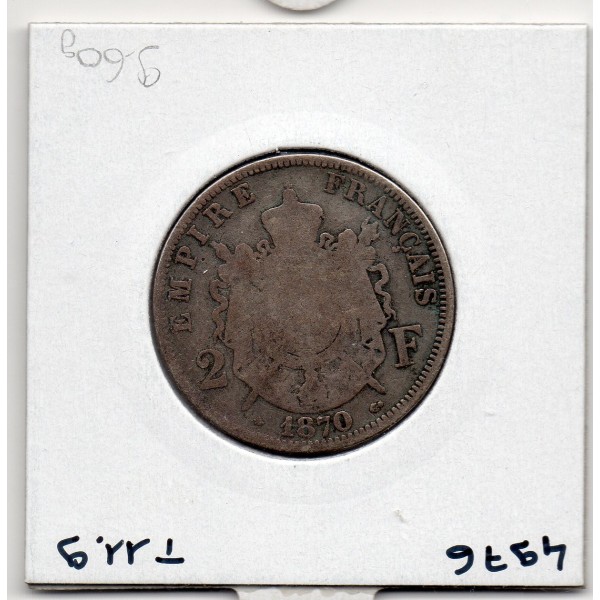 2 francs Napoléon III tête laurée 1870 A Paris, B+, France pièce de monnaie