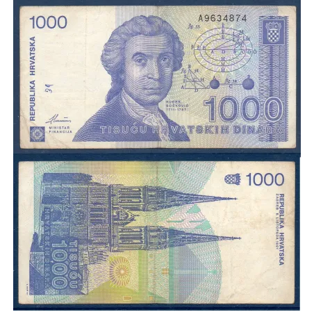 Croatie P.22a, TB Billet de 1000 Dinara 1991 bleu Boskovic