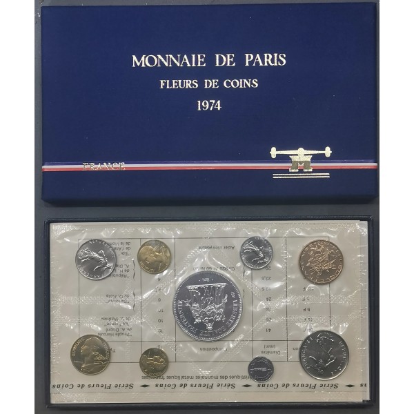 Coffret FDC Fleur de coin France 1974 avec rebord pièces de monnaies en Franc