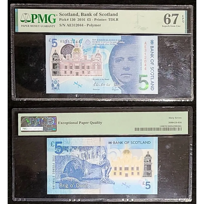 Ecosse P.130a, Neuf PMG EPQ67 Billet de 5 pounds 2016 Walter Scott Ecosse P.130a, Neuf PMG EPQ67 Billet de 5 pounds 2016 Walter Scott
