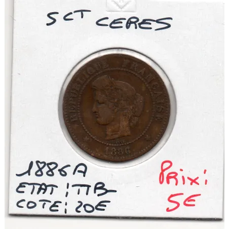 5 centimes Cérès 1886 A Paris TTB-, France pièce de monnaie