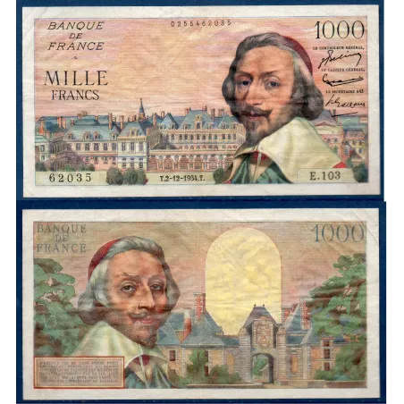 1000 Francs Richelieu, TTB-, 2.12.1954 Billet de la banque de France