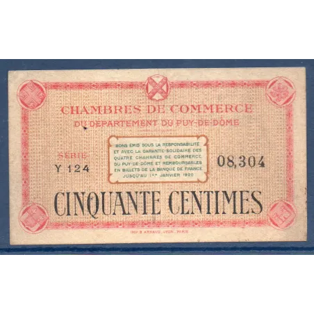 Puy de Dome 50 centimes TTB+ ND Pirot 103.1 Billet de la chambre de commerce