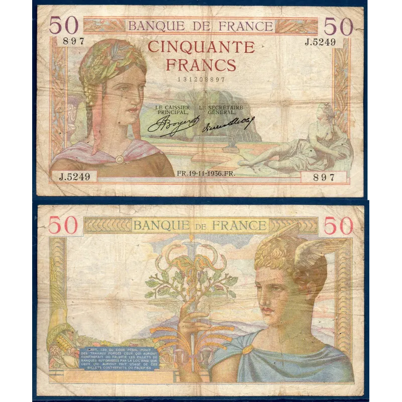 50 Francs Cérès, B-, 19.11.1936 Billet de la banque de France 50 Francs Cérès, B-, 19.11.1936 Billet de la banque de France