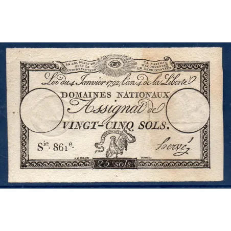 Assignat 25 sols 4.1.1792 TTB signature Hervé