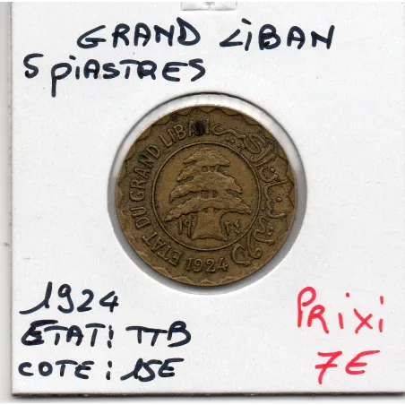 Grand Liban 5 piastres 1924 TTB, Lec 25 Cedre