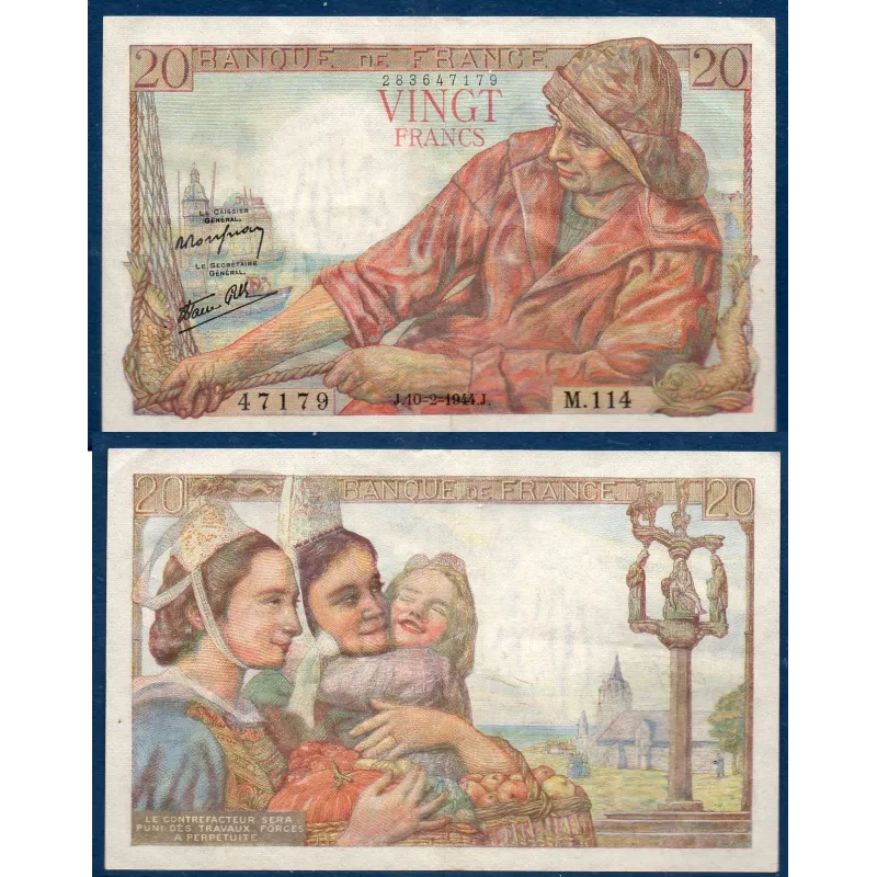 20 Francs Pêcheur, TTB, 10.2.1944 Billet de la banque de France 20 Francs Pêcheur, TTB, 10.2.1944 Billet de la banque de France
