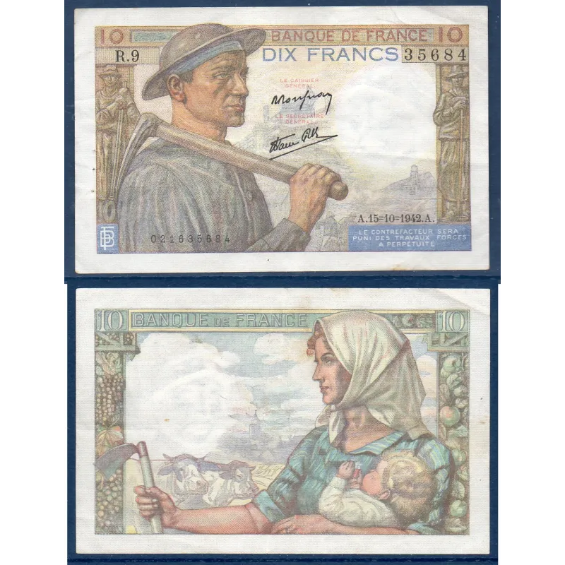 10 Francs Mineur, TTB, 15.10.1942 Billet de la banque de France 10 Francs Mineur, TTB, 15.10.1942 Billet de la banque de France