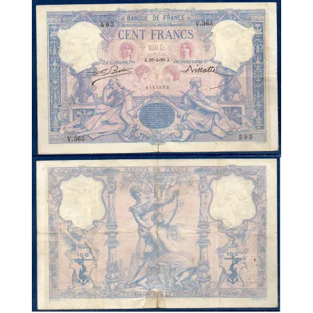 100 Francs Bleu et Rose, TB-, 16.4.1889 Billet de la banque de France