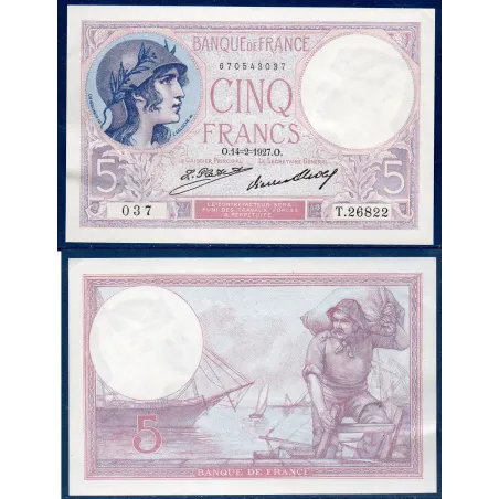 5 Francs Violet, SUP, 14.2.1927 Billet de la banque de France