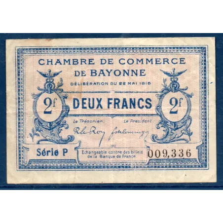 Bayonne 2 francs, TB, 22.5.1916 Pirot 21.36, Billet de la chambre de Commerce