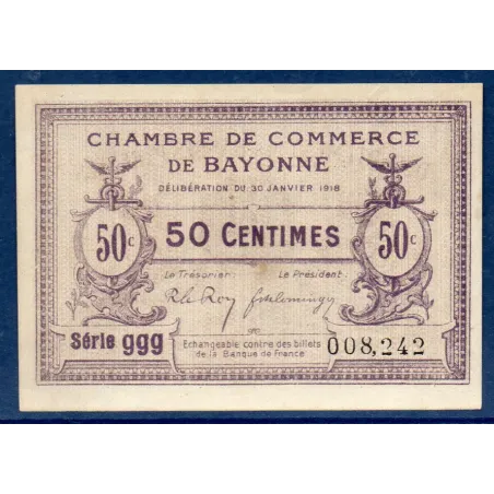 Bayonne 50 centimes, SUP, 30.1.1918 Pirot 21.57, Billet de la chambre de Commerce