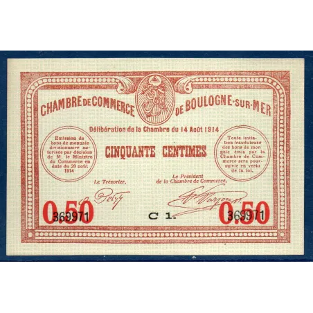 Boulogne-sur-Mer 50 centimes, Spl, 14.8.1914 Pirot 31.14, Billet de la chambre de Commerce