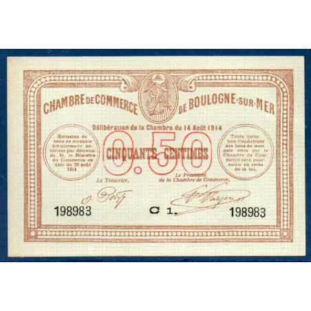 Boulogne-sur-Mer 50 centimes, Spl, 14.8.1914 Pirot 31.11, Billet de la chambre de Commerce