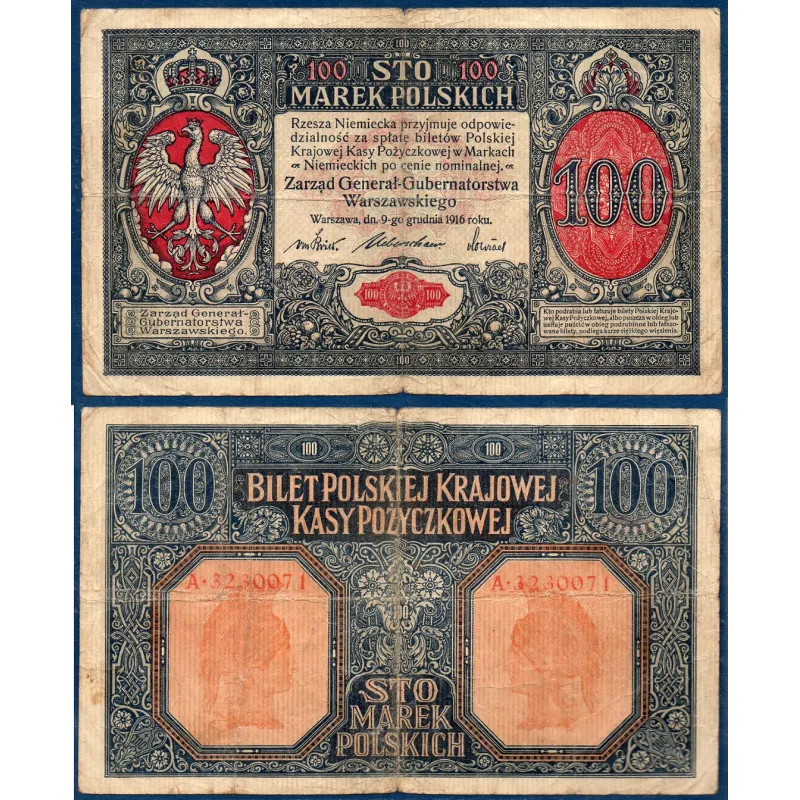 Pologne P.6b, TB, Billet de 100 Marek 1916 Kasa Pozyczkowa Pologne P.6b, TB, Billet de 100 Marek 1916 Kasa Pozyczkowa