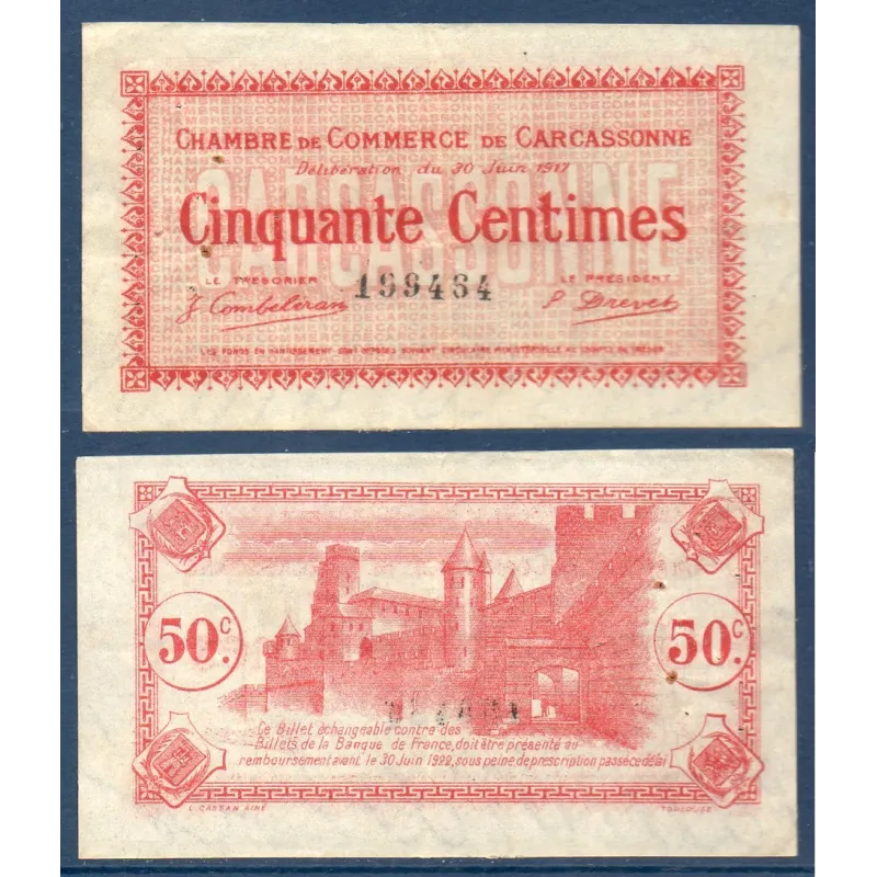 Carcassonne 50 centimes, TTB, 30.6.1917 Pirot 38.11 Billet de la chambre de Commerce Carcassonne 50 centimes, TTB, 30.6.1917 Pirot 38.11 Billet de la chambre de Commerce