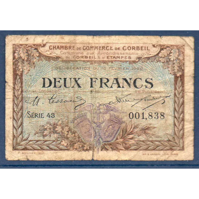 Corbeil 2 francs, B, 16.2.1920 Pirot 50.5 Billet de la chambre de Commerce Corbeil 2 francs, B, 16.2.1920 Pirot 50.5 Billet de la chambre de Commerce