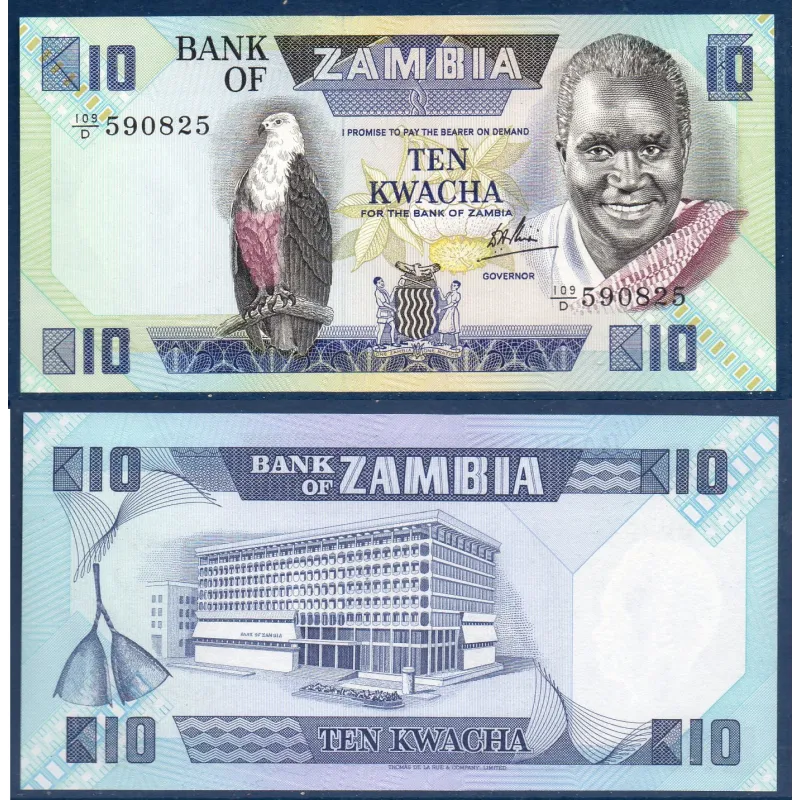 Zambie P.26d, Neuf, Billet de 10 Kwacha 1980-1988 Bleu Zambie P.26d, Neuf, Billet de 10 Kwacha 1980-1988 Bleu