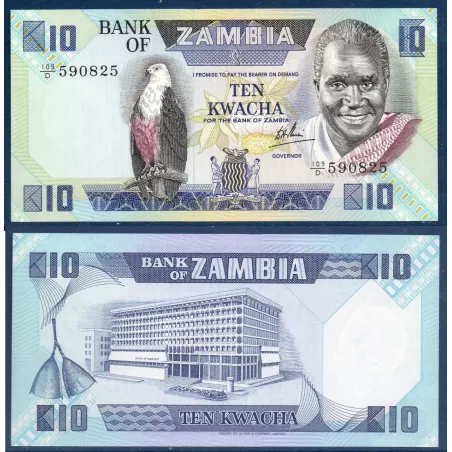 Zambie P.26d, Neuf, Billet de 10 Kwacha 1980-1988 Bleu