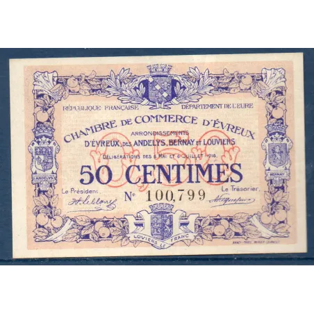 Evreux 50 centimes, Sup, 6.7.1916 Pirot 57.8 Billet de la chambre de Commerce