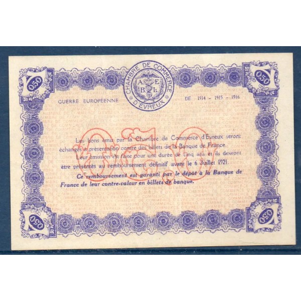 Evreux 50 centimes, Sup, 6.7.1916 Pirot 57.8 Billet de la chambre de Commerce