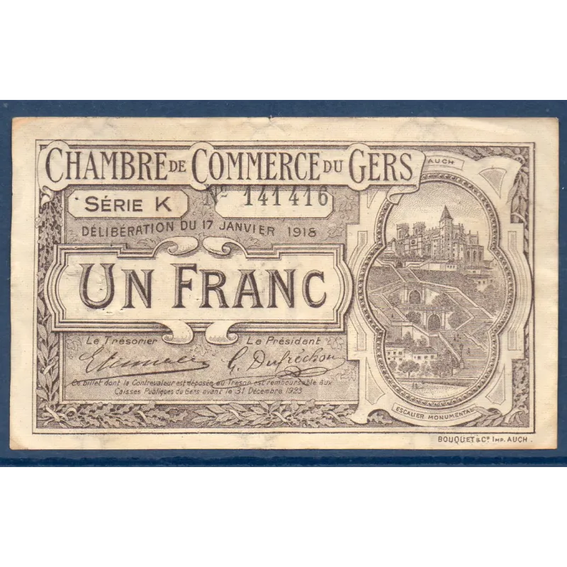 Auch 1 franc, TTB, 17.1.1918 Pirot 15.14 Billet de la chambre de Commerce Auch 1 franc, TTB, 17.1.1918 Pirot 15.14 Billet de la chambre de Commerce