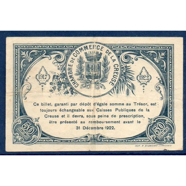 Guéret 50 centimes, TTB, 5.6.1917 Pirot 64.14 Billet de la chambre de Commerce