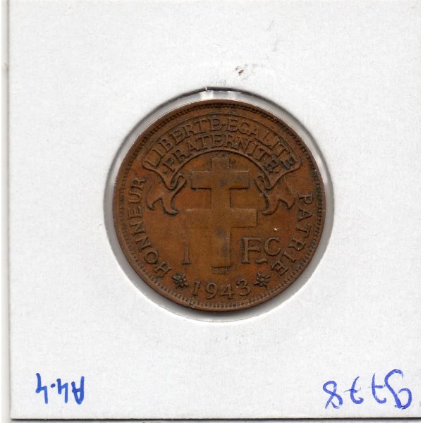 Madagascar 1 franc 1943 TTB-, Lec 94 Coq
