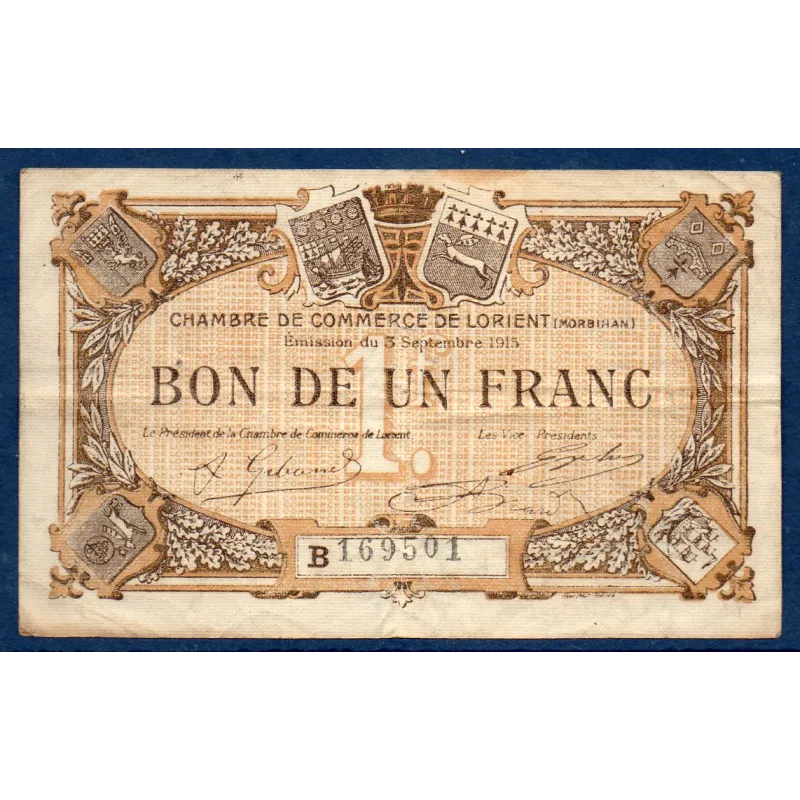 Lorient 1 franc, TB, 3.9.1915 Pirot 75.27 Billet de la chambre de Commerce