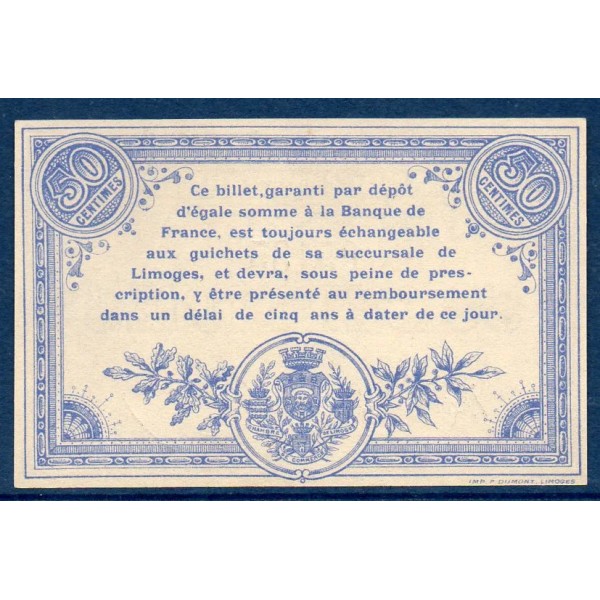 Limoges 50 centimes, Neuf, 17.8.1914 Pirot 73.1 Billet de la chambre de Commerce