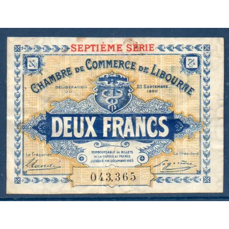 Libourne 2 francs, TB, 23.9.1920 Pirot 72.34 Billet de la chambre de Commerce