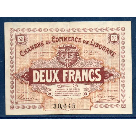 Libourne 2 francs, TTB, 20.6.1918 Pirot 72.27 Billet de la chambre de Commerce
