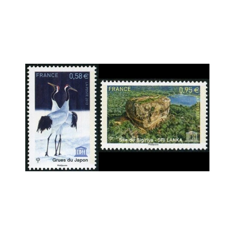 Timbres France Services Yvert 157-158 UNESCO grue du Japon et Site de Sigirîya