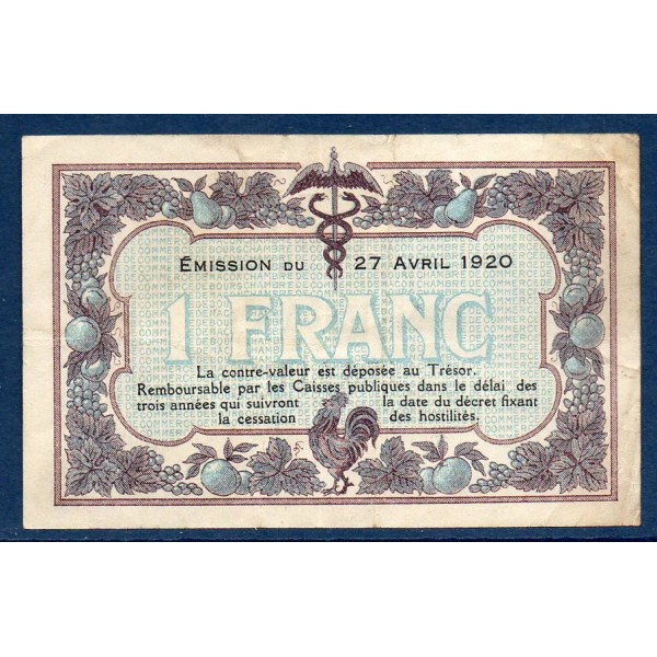 Macon, Bourg 1 franc, TTB, 27.4.1920 Pirot 78.12 Billet de la chambre de Commerce