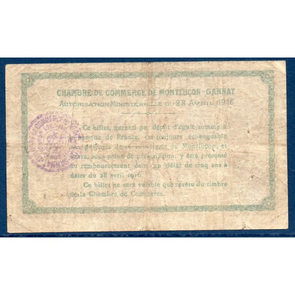 Montluçon, Gannat 2 francs, TB, 28.4.1916 Pirot 84.26 Billet de la chambre de Commerce