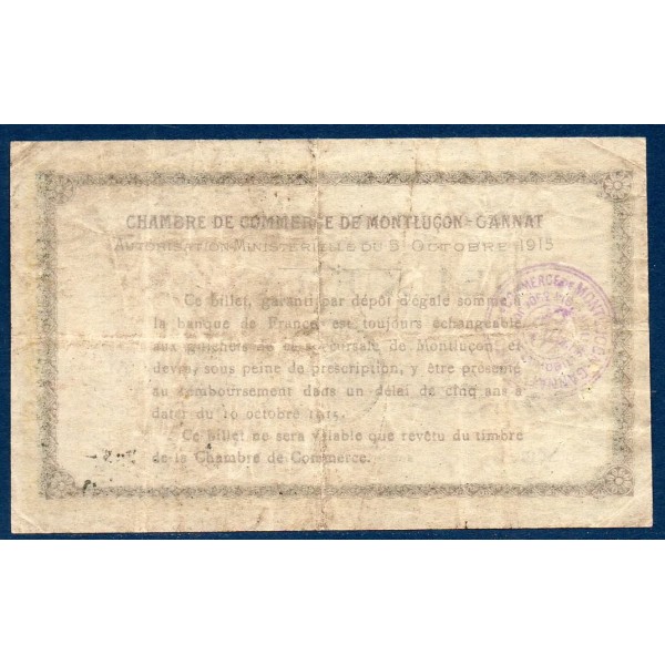 Montluçon, Gannat 2 francs, TB, 5.10.1915 Pirot 84.20 Billet de la chambre de Commerce