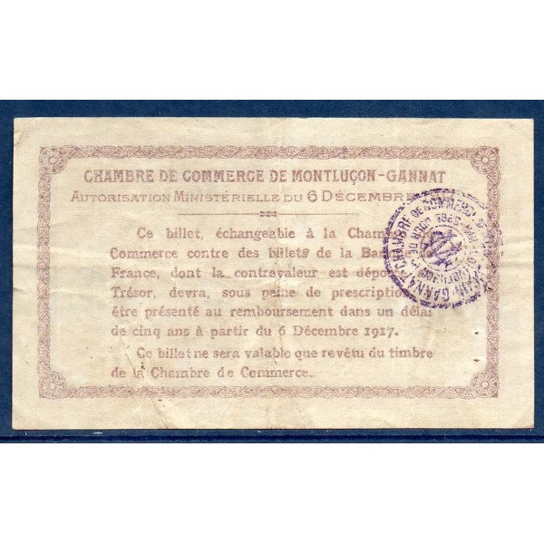 Montluçon, Gannat 1 franc, TB, 6.12.1917 Pirot 84.37 Billet de la chambre de Commerce