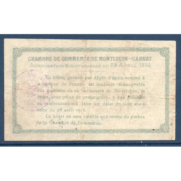 Montluçon, Gannat 1 franc, TB, 28.4.1916 Pirot 84.23 Billet de la chambre de Commerce