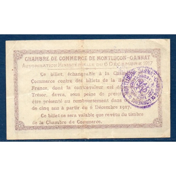 Montluçon, Gannat 50 centimes, TTB, 6.12.1917 Pirot 84.35 Billet de la chambre de Commerce