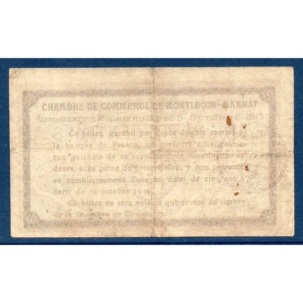 Montluçon, Gannat 50 centimes, TB, 5.10.1915 Pirot 84.13 Billet de la chambre de Commerce
