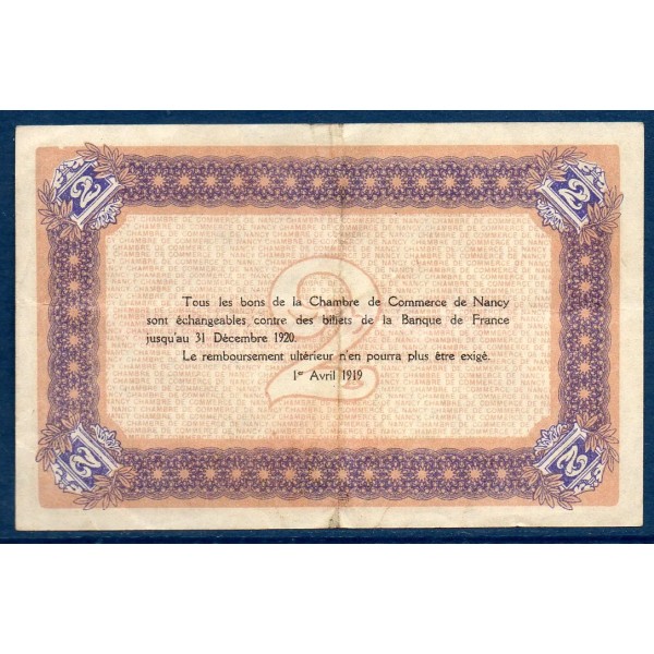 Nancy 2 francs, TTB, 1.4.1919 Pirot 87.32 Billet de la chambre de Commerce