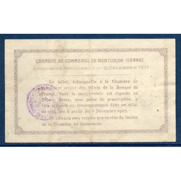Montluçon, Gannat 2 francs, TTB, 6.12.1917 Pirot 84.39 Billet de la chambre de Commerce