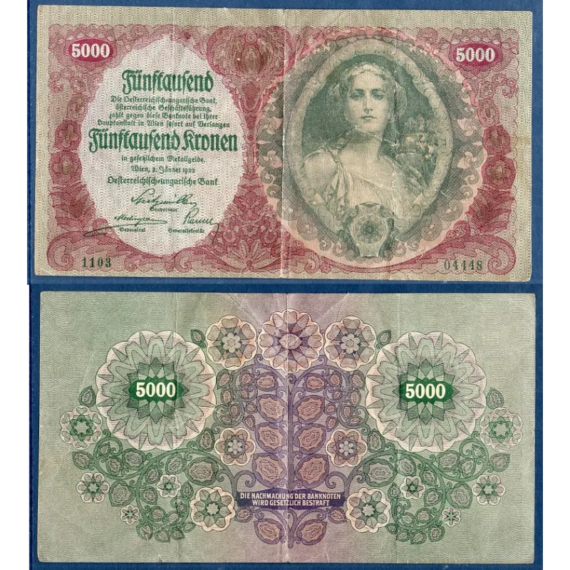Autriche P.79, B Billet de 5000 Kronen 1922 rouge vert Autriche P.79, B Billet de 5000 Kronen 1922 rouge vert