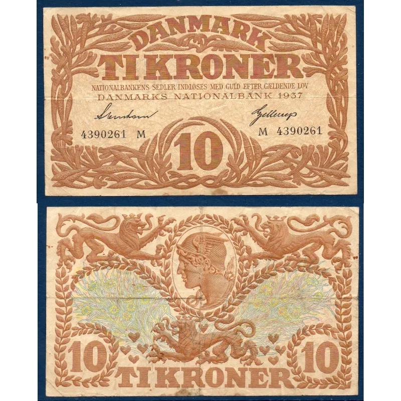 Danemark P.31c, TB Billet de 10 Kroner 1937 mercure série M Danemark P.31c, TB Billet de 10 Kroner 1937 mercure série M