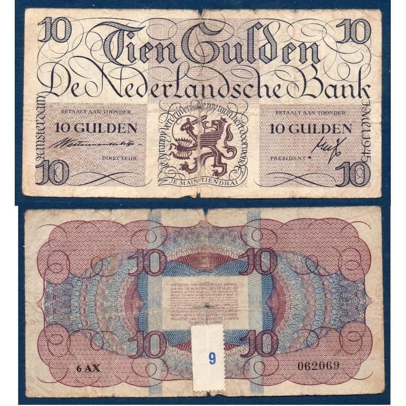 Pays Bas P.74, TB-, Billet de 10 gulden 1945 Lion Pays Bas P.74, TB-, Billet de 10 gulden 1945 Lion