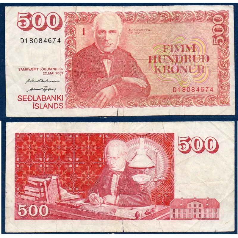 Islande P.58A, B Billet de 500 kronur 2001 Jon Sigurdsson Islande P.58A, B Billet de 500 kronur 2001 Jon Sigurdsson